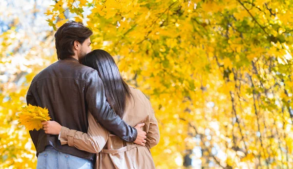 Vista trasera de la pareja caminando juntos en el bosque de otoño — Foto de Stock