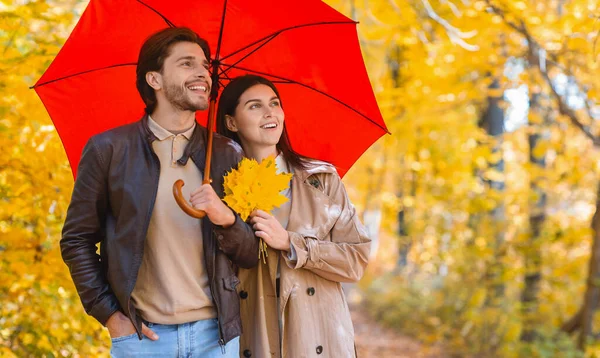 Amantes felizes andando sob guarda-chuva vermelho no dia de outono chuvoso — Fotografia de Stock