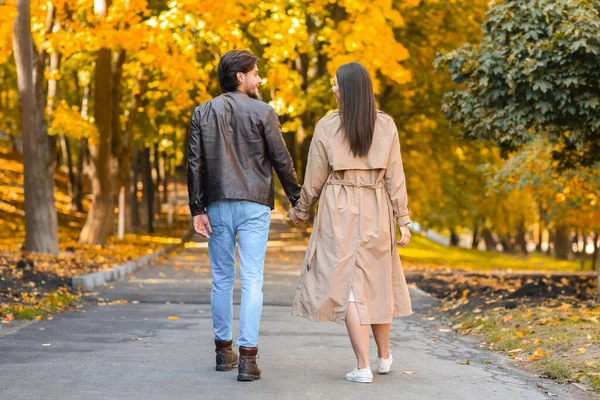 Los amantes de pasar tiempo juntos en el bosque de otoño, caminando por —  Fotos de Stock