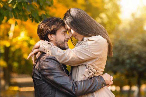 Pareja cariñosa abrazándose sobre el fondo del bosque dorado —  Fotos de Stock