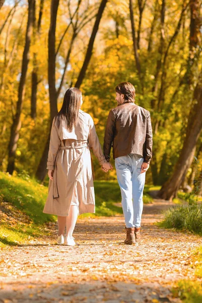 Dois amantes ambulantes tendo encontro romântico na floresta — Fotografia de Stock