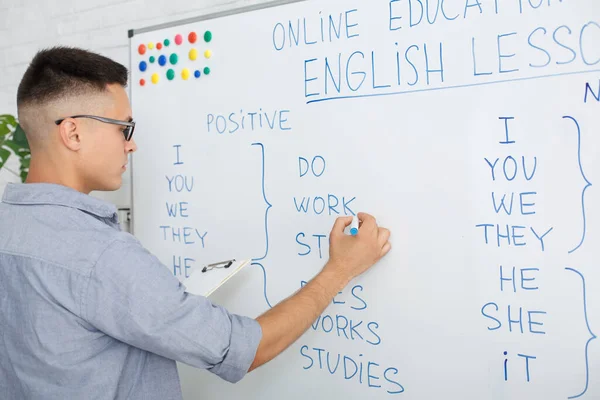 온라인 영어 학교 집에서. 안경을 쓴 진지 한 남자가 전 세계적으로 학생들을 위해 칠판과 스트림 비디오에 규칙을 쓰고 있습니다. — 스톡 사진