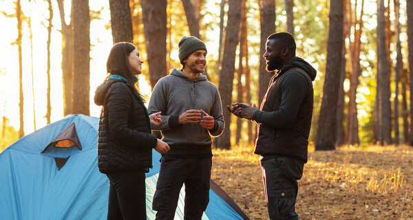 Friendly backpackers discussing journey route, having camp in forest