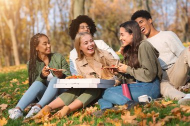 İyi arkadaşlar konuşuyor, gülüyor, parkta piknik yaparken pizza yiyorlar.