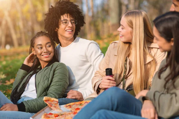 Adolescente casal afro-americano fazendo piquenique com amigos no parque — Fotografia de Stock