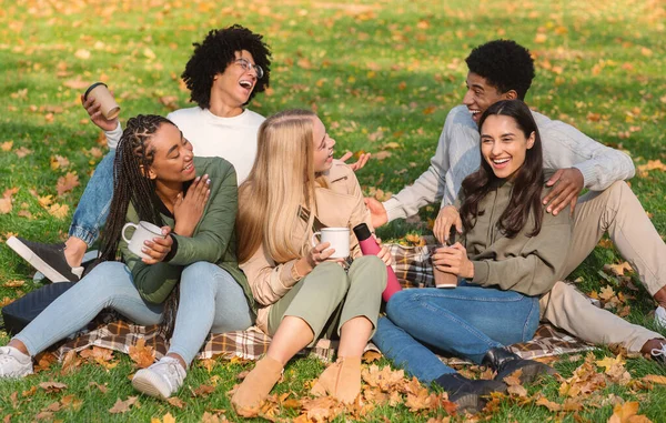 Fröhliche Freunde reden und lachen, Picknick im Park — Stockfoto