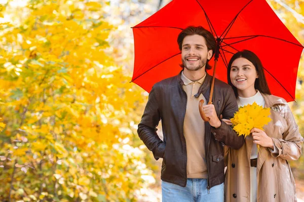 Belo jovem casal com guarda-chuva e um monte de folhas douradas — Fotografia de Stock