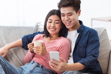 Koreli Çift Akıllı Telefon Kullanıyor Evde Koltukta Otururken Rahatlıyor