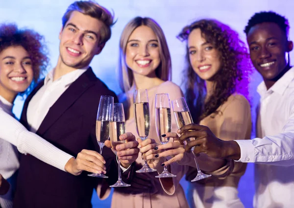 Friends Raising Glasses Toasting Looking at Camera During Party Indoors — Stok Foto