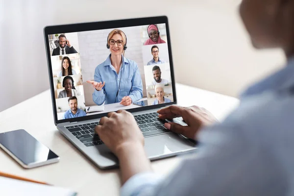 Web Conference. African Businesswoman Having Online Video Call On Laptop With Colleagues — Stock Photo, Image