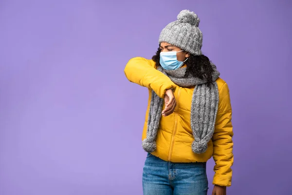 Sick Black Lady In Mask Coughing In Elbow, Purple Background