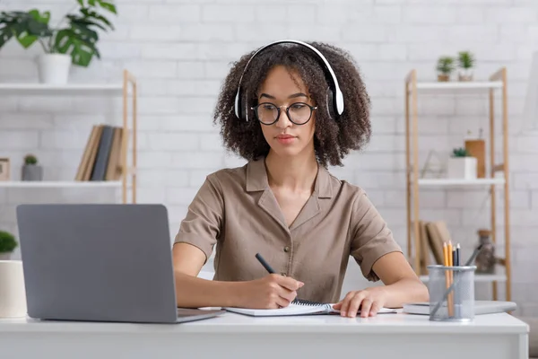 Auto-educação, palestra online e webinar remotamente. Concentrada afro-americana senhora em óculos — Fotografia de Stock