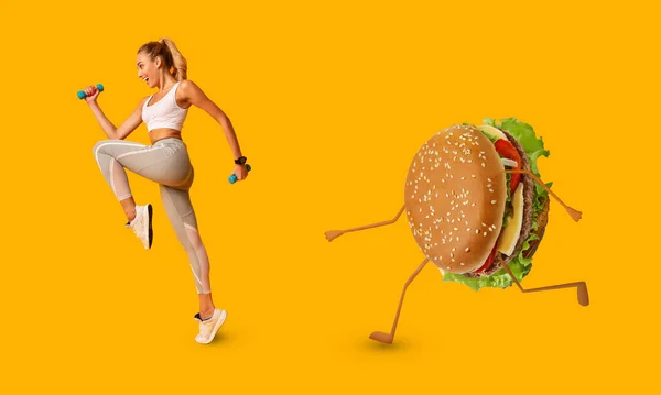 Femeie care aleargă departe de burger exercițiu pierderea în greutate, fundal galben — Fotografie, imagine de stoc