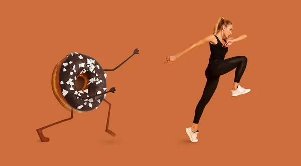 Kahverengi Arkaplan Üzerine Tatlı Donuttan Kaçan Fitness Kadını — Stok fotoğraf