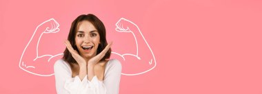 Neşeli bir birey, canlı renkler ve esnek pazıların çizimleriyle çerçevelenmiş coşku ve gücü ifade eder. Arkaplan, güç ve pozitiflik ruhunu arttırır..