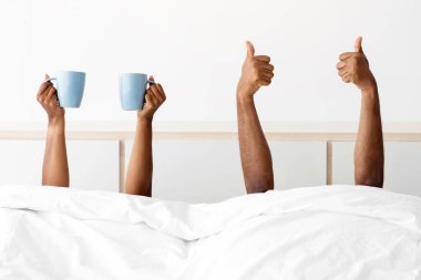 Mutlu Afrikalı genç Amerikalı karı ve koca minimalist yatak odasında hafta sonunun tadını çıkarın. Eller yukarı ve bardakta, battaniyeden sarkıyor. Günaydın, kahvaltı ve taze kahve.