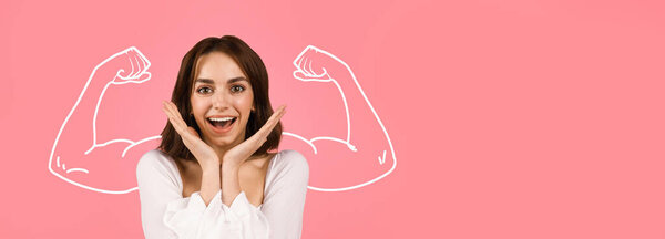 A joyful individual expresses enthusiasm and strength, framed by vibrant colors and illustrations of flexed biceps. The backdrop enhances the spirit of empowerment and positivity.