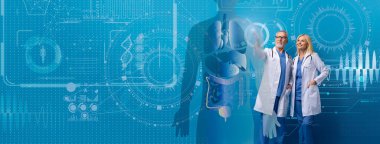 İki doktor sağlık hizmetleri yenilikleri ve teknoloji kolajı sunuyor. Arka planda dijital sağlık grafikleriyle, modern tıbbi uygulamaları ve ilerlemeleri vurguluyorlar..