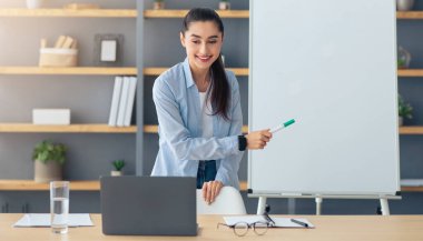 Uzaktan öğrenme, sanal mesafe, öğretmenle online konferans görüşmesi, özel ders, evde çalışma. Bilgisayarda yakınlaştırma dersi. Gülümseyen Arap kadın İngiliz kurallarını işaret ediyor, dizüstü bilgisayara bakıyor.