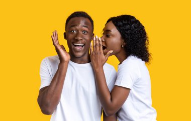 Afro-Amerikalı bir kadın erkek arkadaşının kulağına dedikodu fısıldıyor, sarı stüdyo geçmişi var. Siyahi kadın, haykıran ve el kol hareketi yapan hayrete düşmüş adamına aşk sözleri fısıldıyor.