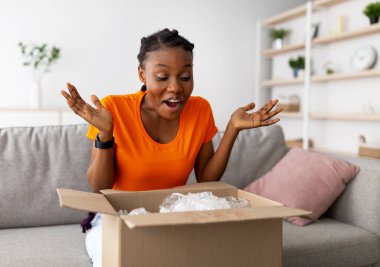 Heyecanlı siyahi kadın paketini alıyor, karton kutuyu evde açıyor, güzel alışverişlerle tatmin oluyor. Duygusal Afrikalı Amerikalı kadın çevrimiçi dağıtım alıyor, web mağazasından alışveriş yapıyor.