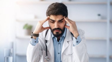 Aşırı çalışma, hastalığın ilk belirtileri, migren, kötü hissetmek. Beyaz önlüklü, yorgun, sakallı, genç bir doktor. Elleri şakaklara bastırıyor. Ofiste oturuyor, baş ağrısı çekiyor.