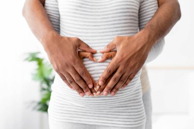 Kırpılmış genç Afrikalı Amerikalı koca, karısına sarıldı. Minimalist yatak odasının içinde, içi boştu. Hamilelik, bebek beklentisi, ilişki ve aşk, gelecekteki aileler.