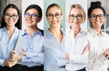 Bir kolaj, aralarında Asyalı ve Siyahi bireylerin de yer aldığı beş farklı iş adamını gösteriyor. Resmi giysiler içinde gülümsüyorlar, modern ofis ortamında güven ve takım çalışması yayıyorlar..