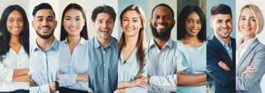 Aralarında Asyalı ve Siyahi profesyonellerin de yer aldığı çeşitli bireyler, modern bir iş ortamında durdukları sürece güvenle gülümsüyorlar..