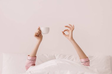 Taze kahve, enerji ve hafta sonu evde boş vakit geçirmek için harika bir sabah. Genç bir kadının elleri battaniyenin altına uzanıyor, bardağı tutuyor ve tamam işareti gösteriyor, tanımlanamayan, boş bir alan.