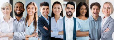 Çeşitli geçmişlere sahip bir grup profesyonel modern bir ofiste bir araya geliyor..