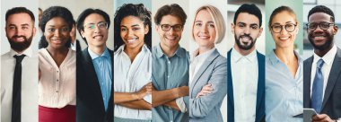 Aralarında çeşitli geçmişlere sahip erkek ve kadınların da bulunduğu sekiz farklı bireyin kolajı profesyonel bir ortama özgüvenle bağlanıyor. Takım çalışması ve işbirliği sergiliyorlar..