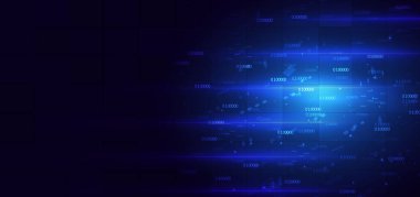 Karanlık arka planda ikili kodlu gelecekçi dijital siber uzay. Teknoloji dijital veri kavramı. Vektör illüstrasyonu