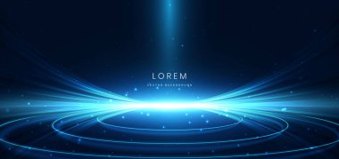 Koyu arkaplandaki zarif mavi ışık çizgileri. Daire çizgileri parlıyor ve parıldıyor. Vektör illüstrasyonu