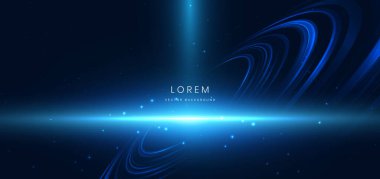 Fütürist eğri çizgileri mavi, ışık efekti koyu mavi arka planda parlıyor. Hızlı hareket kavramı. Vektör illüstrasyonu