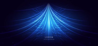 Fütürist mavi çizgiler koyu mavi arka planda ışık efektiyle parlıyor. Vektör illüstrasyonu