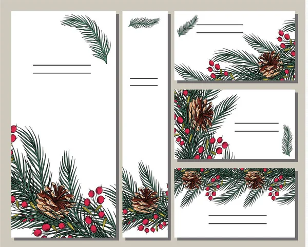 Vector Bright Floral Set Cards Elements Tree Branches Cones — Stock Vector