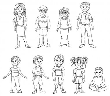 Çeşitli yaşam tarzları ve yaşlarda karikatür insanlar ayarlayın. İş adamı, erkek, kadın, gençler, çocuklar, yaşlılar, çiftler dahil. Tasarımınız için karakter çizimleri. aile üyeleri kümesi, izole