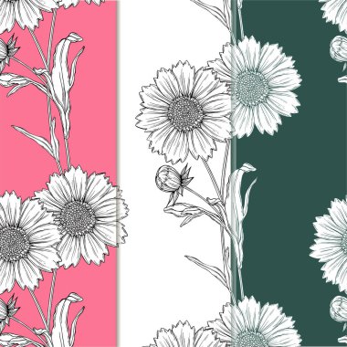 papatya çiçekleri ile vektör siyah ve beyaz kontur çiçek aranjmanı