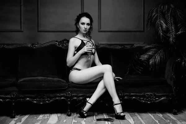 Black White Photo Young Seductive Brunette Woman Posing — Stock Photo, Image