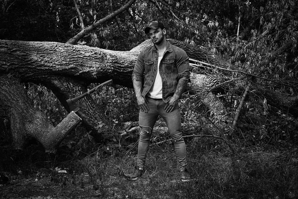 Black White Photo Handsome Young Masculine Man Posing Outdoors Summer — Stock Photo, Image