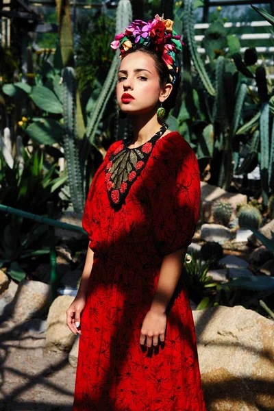 Zarif Kırmızı Elbise Çiçek Headdress Muhteşem Genç Kadın — Stok fotoğraf