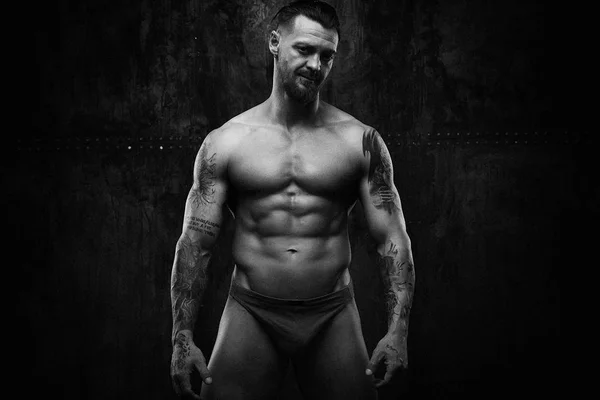 Black White Photo Shirtless Muscled Young Man Posing Grunge Wall — Stock Photo, Image