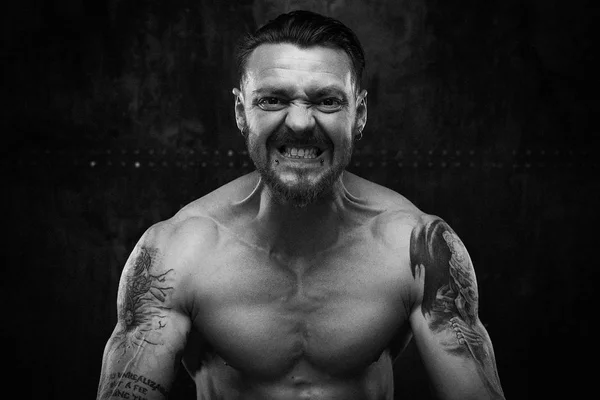 Black White Photo Angry Shirtless Muscled Young Man Screaming Grunge — Stock Photo, Image