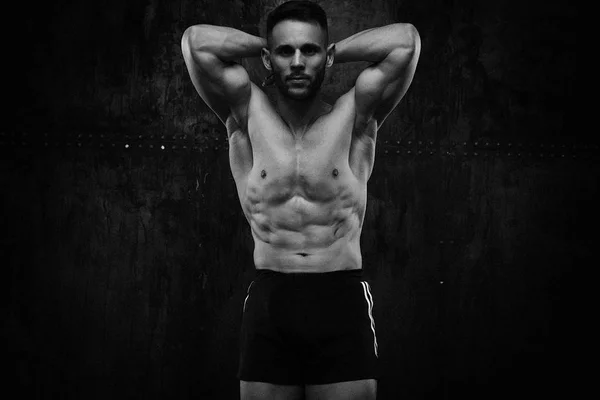 Black White Photo Shirtless Muscled Young Man Posing Grunge Wall — Stock Photo, Image