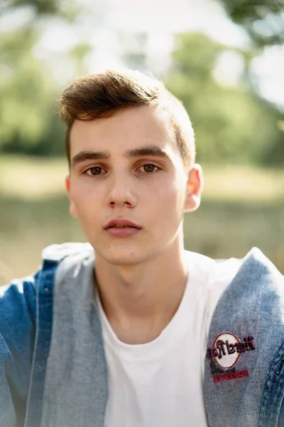 Handsome Young Guy Casual Denim Clothes Posing Outdoors — Stock Photo, Image