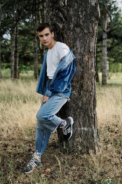 Handsome Young Guy Casual Denim Clothes Posing Outdoors — Stock Photo, Image