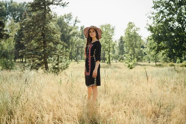 Belle Jeune Femme Chapeau Paille Posant Extérieur Journée Ensoleillée Été — Photo