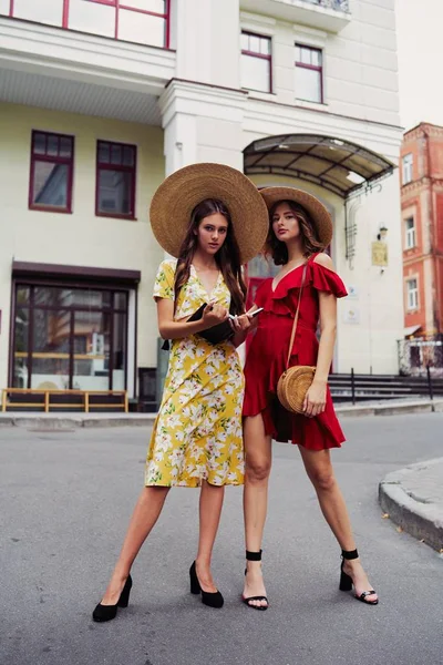 Deux Jeunes Modèles Mode Attrayants Posant — Photo