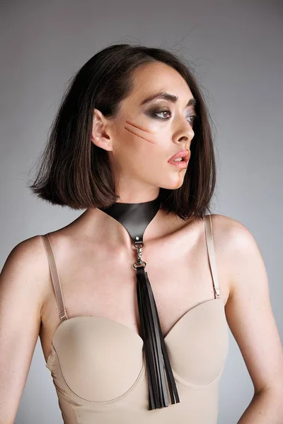 Portrait Young Seductive Woman Leather Collar — Stock Photo, Image